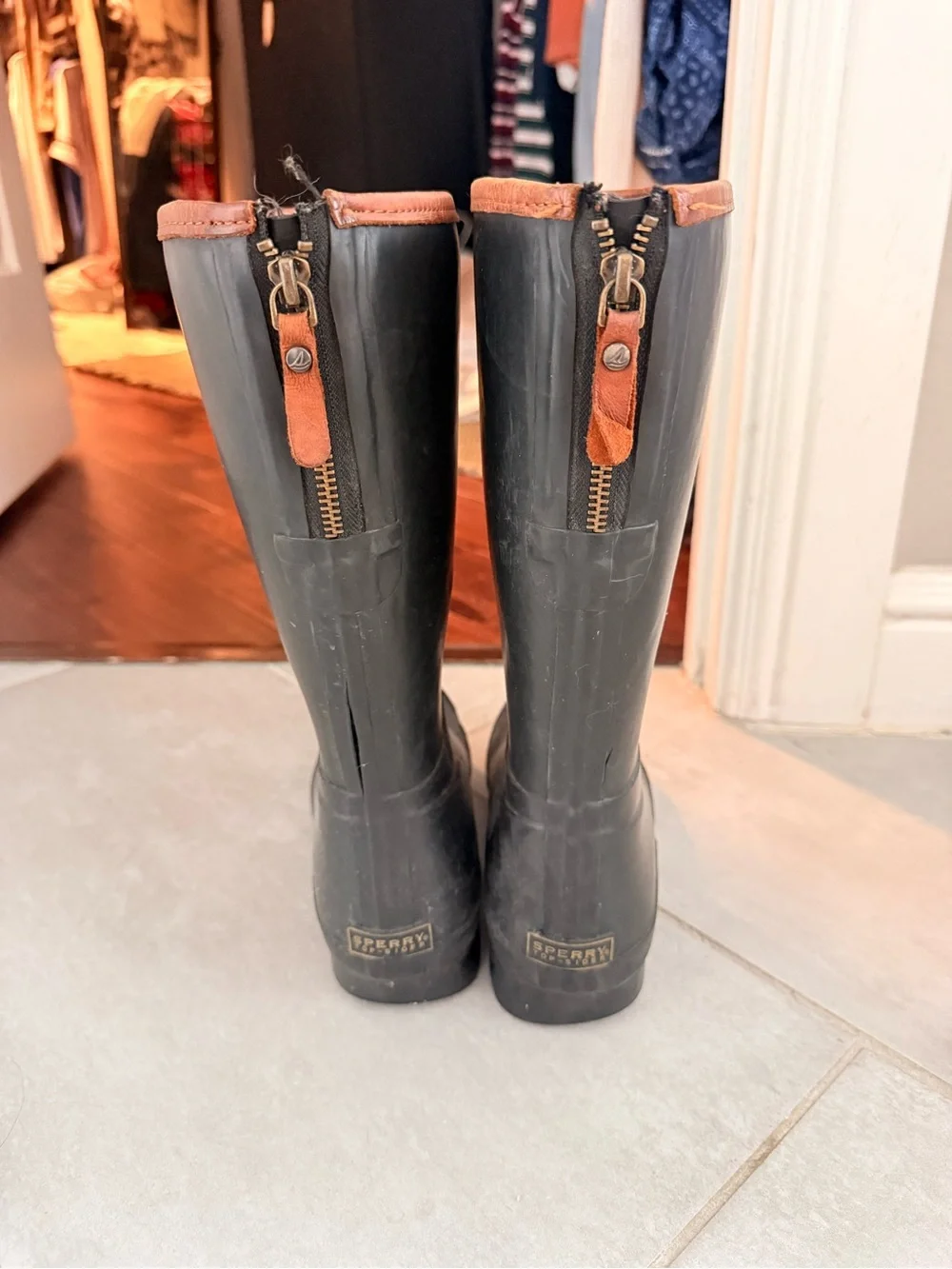 Sperry Black Rubber Rain Boots with Brown Trim